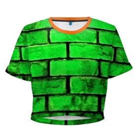Женская футболка 3D укороченная с принтом Зелёные кирпичики в Санкт-Петербурге, 100% полиэстер | круглая горловина, длина футболки до линии талии, рукава с отворотами | 3d | зелёные кирпичики | камень | краска | текстуры