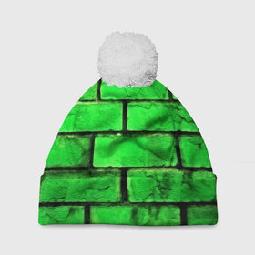 Шапка 3D c помпоном с принтом Зелёные кирпичики в Санкт-Петербурге, 100% полиэстер | универсальный размер, печать по всей поверхности изделия | Тематика изображения на принте: 3d | зелёные кирпичики | камень | краска | текстуры