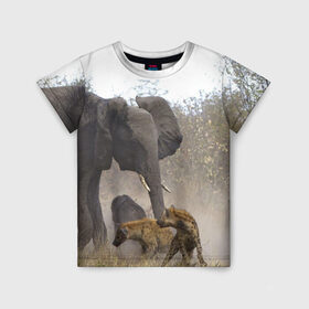 Детская футболка 3D с принтом Гиены охотятся на слона в Санкт-Петербурге, 100% гипоаллергенный полиэфир | прямой крой, круглый вырез горловины, длина до линии бедер, чуть спущенное плечо, ткань немного тянется | Тематика изображения на принте: африка | африканский | бивни | большой | гигант джунгли | гиены | индийский | индия | лесной великан | мамонт | огромный | охота | саванна | сафари | серый | слон | слониха | стадо | уши | хобот