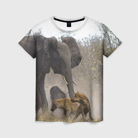 Женская футболка 3D с принтом Гиены охотятся на слона в Санкт-Петербурге, 100% полиэфир ( синтетическое хлопкоподобное полотно) | прямой крой, круглый вырез горловины, длина до линии бедер | африка | африканский | бивни | большой | гигант джунгли | гиены | индийский | индия | лесной великан | мамонт | огромный | охота | саванна | сафари | серый | слон | слониха | стадо | уши | хобот
