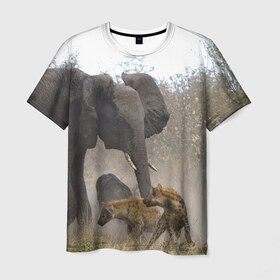 Мужская футболка 3D с принтом Гиены охотятся на слона в Санкт-Петербурге, 100% полиэфир | прямой крой, круглый вырез горловины, длина до линии бедер | африка | африканский | бивни | большой | гигант джунгли | гиены | индийский | индия | лесной великан | мамонт | огромный | охота | саванна | сафари | серый | слон | слониха | стадо | уши | хобот