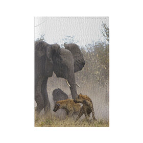 Обложка для паспорта матовая кожа с принтом Гиены охотятся на слона в Санкт-Петербурге, натуральная матовая кожа | размер 19,3 х 13,7 см; прозрачные пластиковые крепления | африка | африканский | бивни | большой | гигант джунгли | гиены | индийский | индия | лесной великан | мамонт | огромный | охота | саванна | сафари | серый | слон | слониха | стадо | уши | хобот