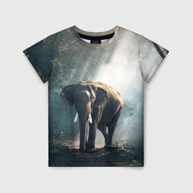 Детская футболка 3D с принтом Слон в лесу в Санкт-Петербурге, 100% гипоаллергенный полиэфир | прямой крой, круглый вырез горловины, длина до линии бедер, чуть спущенное плечо, ткань немного тянется | Тематика изображения на принте: африка | африканский | бивни | большой | гигант джунгли | зоопарк | индийский | индия | лесной великан | мамонт | огромный | саванна | сафари | серый | слон | слоненок | слониха | стадо | уши | хобот