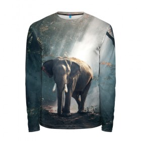 Мужской лонгслив 3D с принтом Слон в лесу в Санкт-Петербурге, 100% полиэстер | длинные рукава, круглый вырез горловины, полуприлегающий силуэт | африка | африканский | бивни | большой | гигант джунгли | зоопарк | индийский | индия | лесной великан | мамонт | огромный | саванна | сафари | серый | слон | слоненок | слониха | стадо | уши | хобот