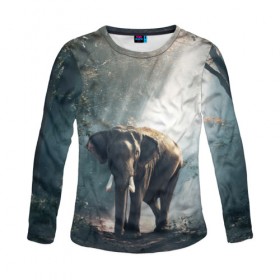 Женский лонгслив 3D с принтом Слон в лесу в Санкт-Петербурге, 100% полиэстер | длинные рукава, круглый вырез горловины, полуприлегающий силуэт | африка | африканский | бивни | большой | гигант джунгли | зоопарк | индийский | индия | лесной великан | мамонт | огромный | саванна | сафари | серый | слон | слоненок | слониха | стадо | уши | хобот