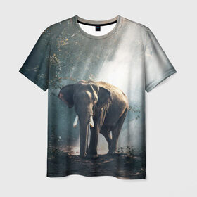 Мужская футболка 3D с принтом Слон в лесу в Санкт-Петербурге, 100% полиэфир | прямой крой, круглый вырез горловины, длина до линии бедер | Тематика изображения на принте: африка | африканский | бивни | большой | гигант джунгли | зоопарк | индийский | индия | лесной великан | мамонт | огромный | саванна | сафари | серый | слон | слоненок | слониха | стадо | уши | хобот