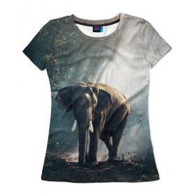 Женская футболка 3D с принтом Слон в лесу в Санкт-Петербурге, 100% полиэфир ( синтетическое хлопкоподобное полотно) | прямой крой, круглый вырез горловины, длина до линии бедер | африка | африканский | бивни | большой | гигант джунгли | зоопарк | индийский | индия | лесной великан | мамонт | огромный | саванна | сафари | серый | слон | слоненок | слониха | стадо | уши | хобот