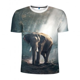 Мужская футболка 3D спортивная с принтом Слон в лесу в Санкт-Петербурге, 100% полиэстер с улучшенными характеристиками | приталенный силуэт, круглая горловина, широкие плечи, сужается к линии бедра | африка | африканский | бивни | большой | гигант джунгли | зоопарк | индийский | индия | лесной великан | мамонт | огромный | саванна | сафари | серый | слон | слоненок | слониха | стадо | уши | хобот