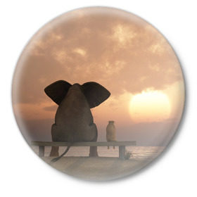 Значок с принтом Слон с собакой на лавке, закат в Санкт-Петербурге,  металл | круглая форма, металлическая застежка в виде булавки | Тематика изображения на принте: 