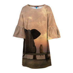 Детское платье 3D с принтом Слон с собакой на лавке, закат в Санкт-Петербурге, 100% полиэстер | прямой силуэт, чуть расширенный к низу. Круглая горловина, на рукавах — воланы | 