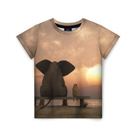 Детская футболка 3D с принтом Слон с собакой на лавке, закат в Санкт-Петербурге, 100% гипоаллергенный полиэфир | прямой крой, круглый вырез горловины, длина до линии бедер, чуть спущенное плечо, ткань немного тянется | Тематика изображения на принте: 