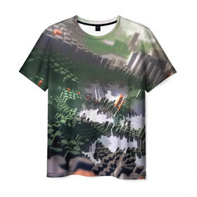 Мужская футболка 3D с принтом Объемный эквалайзер в Санкт-Петербурге, 100% полиэфир | прямой крой, круглый вырез горловины, длина до линии бедер | 3д | графика | зеленый | объемный | оранжевый | эквалайзер