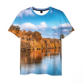 Мужская футболка 3D с принтом Река в Санкт-Петербурге, 100% полиэфир | прямой крой, круглый вырез горловины, длина до линии бедер | берег | вода | деревья | лес | небо | осень | природа | река