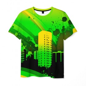 Мужская футболка 3D с принтом Город в красках в Санкт-Петербурге, 100% полиэфир | прямой крой, круглый вырез горловины, длина до линии бедер | Тематика изображения на принте: 3d | город | другие | зеленый | картинка | красивые | краски | прикольные | пятна | радуга | свет | цветные | яркие