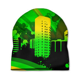 Шапка 3D с принтом Город в красках в Санкт-Петербурге, 100% полиэстер | универсальный размер, печать по всей поверхности изделия | Тематика изображения на принте: 3d | город | другие | зеленый | картинка | красивые | краски | прикольные | пятна | радуга | свет | цветные | яркие