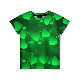 Детская футболка 3D с принтом Зеленые сердечки в Санкт-Петербурге, 100% гипоаллергенный полиэфир | прямой крой, круглый вырез горловины, длина до линии бедер, чуть спущенное плечо, ткань немного тянется | Тематика изображения на принте: 14 февраля | 3d | день святого валентина | другие | зеленые | картинки | красивые | любовь | праздник | прикольные | сердечки | текстуры | яркие