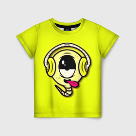 Детская футболка 3D с принтом Музыкальный червячок в Санкт-Петербурге, 100% гипоаллергенный полиэфир | прямой крой, круглый вырез горловины, длина до линии бедер, чуть спущенное плечо, ткань немного тянется | 3d | другие | желтый | картинка | минимализм | музыка | наушники | прикол | прикольные | смешно | смешные | цветные | червяк | язык | яркие