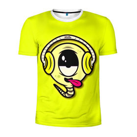 Мужская футболка 3D спортивная с принтом Музыкальный червячок в Санкт-Петербурге, 100% полиэстер с улучшенными характеристиками | приталенный силуэт, круглая горловина, широкие плечи, сужается к линии бедра | 3d | другие | желтый | картинка | минимализм | музыка | наушники | прикол | прикольные | смешно | смешные | цветные | червяк | язык | яркие