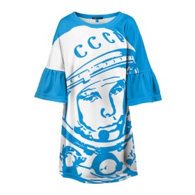 Детское платье 3D с принтом Гагарин 1 в Санкт-Петербурге, 100% полиэстер | прямой силуэт, чуть расширенный к низу. Круглая горловина, на рукавах — воланы | гагарин | день космонавтики | звезды | космос