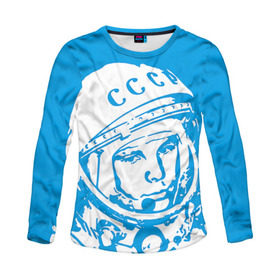 Женский лонгслив 3D с принтом Гагарин 1 в Санкт-Петербурге, 100% полиэстер | длинные рукава, круглый вырез горловины, полуприлегающий силуэт | гагарин | день космонавтики | звезды | космос