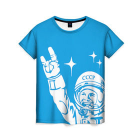Женская футболка 3D с принтом Гагарин 2 в Санкт-Петербурге, 100% полиэфир ( синтетическое хлопкоподобное полотно) | прямой крой, круглый вырез горловины, длина до линии бедер | гагарин | день космонавтики | звезды | космос
