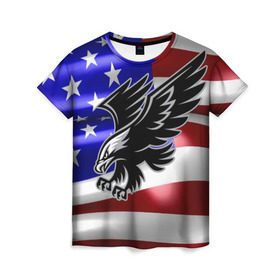 Женская футболка 3D с принтом Флаг США с орлом в Санкт-Петербурге, 100% полиэфир ( синтетическое хлопкоподобное полотно) | прямой крой, круглый вырез горловины, длина до линии бедер | usa | америка | белоголовый | герб | государство | доллар | дядя сэм | звездно полосатый флаг | лысый | нато | оон | орел | птица | свобода | символ | соединённые штаты америки | страна | сша | штат