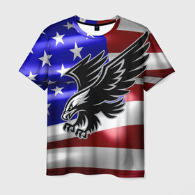 Мужская футболка 3D с принтом Флаг США с орлом в Санкт-Петербурге, 100% полиэфир | прямой крой, круглый вырез горловины, длина до линии бедер | Тематика изображения на принте: usa | америка | белоголовый | герб | государство | доллар | дядя сэм | звездно полосатый флаг | лысый | нато | оон | орел | птица | свобода | символ | соединённые штаты америки | страна | сша | штат