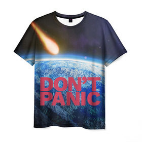 Мужская футболка 3D с принтом Без паники, метеорит в Санкт-Петербурге, 100% полиэфир | прямой крой, круглый вырез горловины, длина до линии бедер | do not panic | dont panic | апокалипсис | без паники | взрыв | гибель | земля | классная | комета | конец света | космос | крутая | метеорит | не надо | прикол | прикольная надпись | ужас