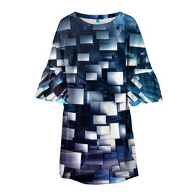 Детское платье 3D с принтом 3D куб в Санкт-Петербурге, 100% полиэстер | прямой силуэт, чуть расширенный к низу. Круглая горловина, на рукавах — воланы | абстракция | геометрия | квадраты | металлический | синие | стальные | текстура | фигуры
