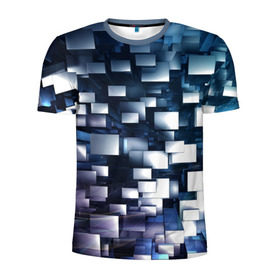 Мужская футболка 3D спортивная с принтом 3D куб в Санкт-Петербурге, 100% полиэстер с улучшенными характеристиками | приталенный силуэт, круглая горловина, широкие плечи, сужается к линии бедра | Тематика изображения на принте: абстракция | геометрия | квадраты | металлический | синие | стальные | текстура | фигуры