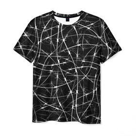 Мужская футболка 3D с принтом Колючая проволка в Санкт-Петербурге, 100% полиэфир | прямой крой, круглый вырез горловины, длина до линии бедер | белый | гранж | забор | колючка | ограда | паттерн | черно белый | черный | шипы