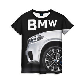 Женская футболка 3D с принтом BMW белая в Санкт-Петербурге, 100% полиэфир ( синтетическое хлопкоподобное полотно) | прямой крой, круглый вырез горловины, длина до линии бедер | bmw | x3 x4 x5 x6 x7 x8 | авто | автомобиль | блатная | бмв | бумер | бэха | иномарка | концерн | красивая | крутая | марка немецкая | машина | пацанский таз | прикольная | тачила | тачка