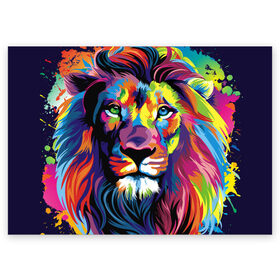 Поздравительная открытка с принтом Красочный лев в Санкт-Петербурге, 100% бумага | плотность бумаги 280 г/м2, матовая, на обратной стороне линовка и место для марки
 | Тематика изображения на принте: краски | красочный лев | рисунок | узор