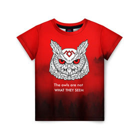 Детская футболка 3D с принтом Twin Peaks в Санкт-Петербурге, 100% гипоаллергенный полиэфир | прямой крой, круглый вырез горловины, длина до линии бедер, чуть спущенное плечо, ткань немного тянется | Тематика изображения на принте: twin peaks твин пикс | девид линч | лес | лора палмер | сова | туман