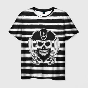 Мужская футболка 3D с принтом Тельняшка в Санкт-Петербурге, 100% полиэфир | прямой крой, круглый вырез горловины, длина до линии бедер | геометрия | линии | море | океан | оружие | пират | полосы | тельняшка | череп | черно белый | шляпа | якорь