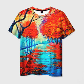 Мужская футболка 3D с принтом Autumn в Санкт-Петербурге, 100% полиэфир | прямой крой, круглый вырез горловины, длина до линии бедер | Тематика изображения на принте: 3d | вода | деревья | другие | желтый | живопись | картинка | краски | листья | осень | пейзаж | прикольные | природа | река | рисунок | яркие