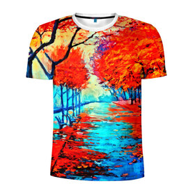 Мужская футболка 3D спортивная с принтом Autumn в Санкт-Петербурге, 100% полиэстер с улучшенными характеристиками | приталенный силуэт, круглая горловина, широкие плечи, сужается к линии бедра | 3d | вода | деревья | другие | желтый | живопись | картинка | краски | листья | осень | пейзаж | прикольные | природа | река | рисунок | яркие