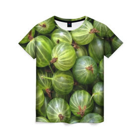 Женская футболка 3D с принтом Крыжовник в Санкт-Петербурге, 100% полиэфир ( синтетическое хлопкоподобное полотно) | прямой крой, круглый вырез горловины, длина до линии бедер | еда | зеленый | крыжовник | растения | текстура | фрукты | ягоды