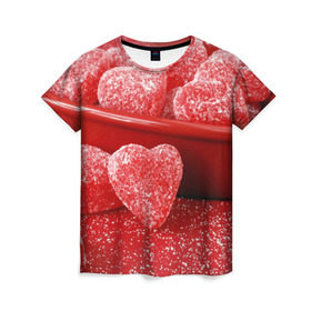 Женская футболка 3D с принтом Мармеладные сердца в Санкт-Петербурге, 100% полиэфир ( синтетическое хлопкоподобное полотно) | прямой крой, круглый вырез горловины, длина до линии бедер | еда | конфеты | красный | мармелад | сердечки | сладости