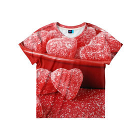 Детская футболка 3D с принтом Мармеладные сердца в Санкт-Петербурге, 100% гипоаллергенный полиэфир | прямой крой, круглый вырез горловины, длина до линии бедер, чуть спущенное плечо, ткань немного тянется | Тематика изображения на принте: еда | конфеты | красный | мармелад | сердечки | сладости