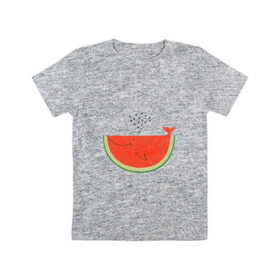 Детская футболка хлопок с принтом Кит Арбуз в Санкт-Петербурге, 100% хлопок | круглый вырез горловины, полуприлегающий силуэт, длина до линии бедер | Тематика изображения на принте: арбуз | иллюзия | кит | лето | море | океан | принт | рыба | семечки | фонтан | фрукты | ягоды