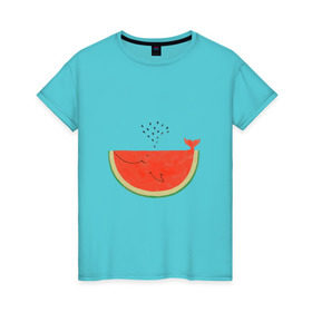 Женская футболка хлопок с принтом Кит Арбуз в Санкт-Петербурге, 100% хлопок | прямой крой, круглый вырез горловины, длина до линии бедер, слегка спущенное плечо | арбуз | иллюзия | кит | лето | море | океан | принт | рыба | семечки | фонтан | фрукты | ягоды