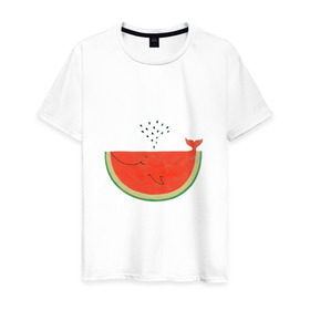 Мужская футболка хлопок с принтом Кит Арбуз в Санкт-Петербурге, 100% хлопок | прямой крой, круглый вырез горловины, длина до линии бедер, слегка спущенное плечо. | арбуз | иллюзия | кит | лето | море | океан | принт | рыба | семечки | фонтан | фрукты | ягоды
