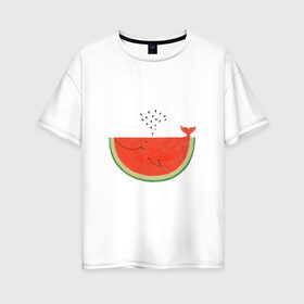 Женская футболка хлопок Oversize с принтом Кит Арбуз в Санкт-Петербурге, 100% хлопок | свободный крой, круглый ворот, спущенный рукав, длина до линии бедер
 | арбуз | иллюзия | кит | лето | море | океан | принт | рыба | семечки | фонтан | фрукты | ягоды