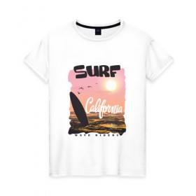 Женская футболка хлопок с принтом Surf California в Санкт-Петербурге, 100% хлопок | прямой крой, круглый вырез горловины, длина до линии бедер, слегка спущенное плечо | 