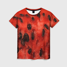 Женская футболка 3D с принтом Арбуз 3 в Санкт-Петербурге, 100% полиэфир ( синтетическое хлопкоподобное полотно) | прямой крой, круглый вырез горловины, длина до линии бедер | арбуз | еда | косточки | красный | растения | фрукты | ягода