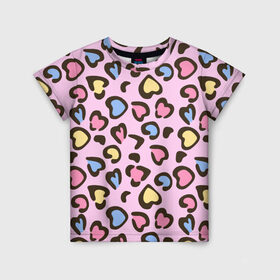 Детская футболка 3D с принтом Леопардовые сердечки в Санкт-Петербурге, 100% гипоаллергенный полиэфир | прямой крой, круглый вырез горловины, длина до линии бедер, чуть спущенное плечо, ткань немного тянется | животные | леопард | леопардовый | принт | розовый | сердечко | сердце | текстура