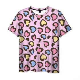 Мужская футболка 3D с принтом Леопардовые сердечки в Санкт-Петербурге, 100% полиэфир | прямой крой, круглый вырез горловины, длина до линии бедер | Тематика изображения на принте: животные | леопард | леопардовый | принт | розовый | сердечко | сердце | текстура