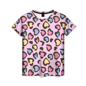 Женская футболка 3D с принтом Леопардовые сердечки в Санкт-Петербурге, 100% полиэфир ( синтетическое хлопкоподобное полотно) | прямой крой, круглый вырез горловины, длина до линии бедер | животные | леопард | леопардовый | принт | розовый | сердечко | сердце | текстура