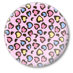 Значок с принтом Леопардовые сердечки в Санкт-Петербурге,  металл | круглая форма, металлическая застежка в виде булавки | животные | леопард | леопардовый | принт | розовый | сердечко | сердце | текстура